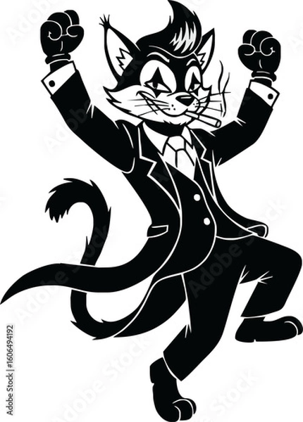 Fototapeta A dapper cartoon cat wearing a suit and tie, smoking a cigar, celebrating with fists raised.