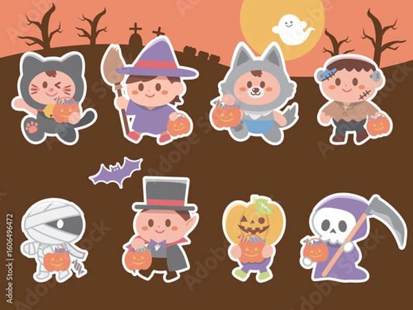 Obraz 	ハロウィーンの仮装をした子供達の背景付イラストセット