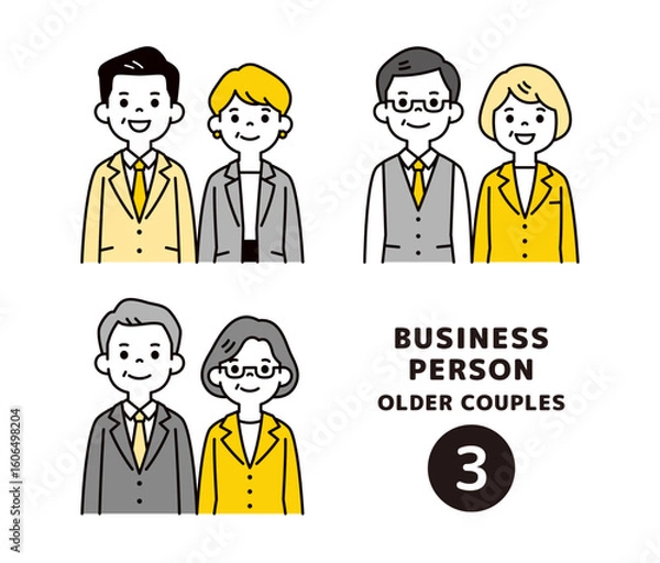 Fototapeta 中高年のビジネスパーソンの男女ペアの、シンプルな上半身イラスト素材セット＿ベクター