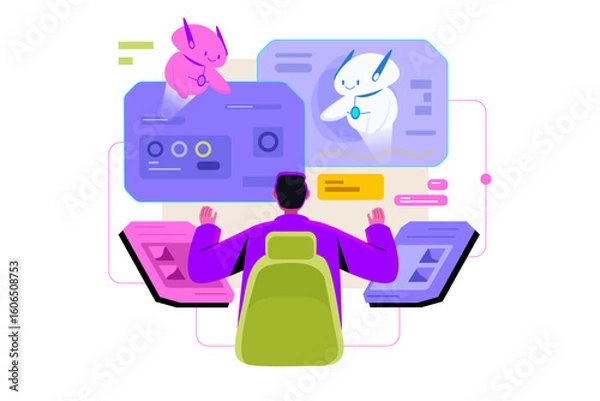 Obraz Virtual Dashboard with AI Bots and Operator Vector