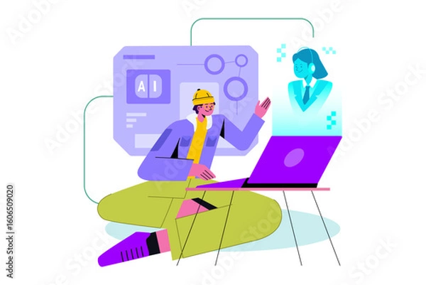 Fototapeta AI Virtual Assistant Helping Remote Worker Illustration