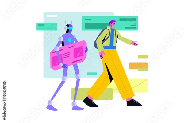 Fototapeta Robot and Human Teamwork for Data Management Illustration