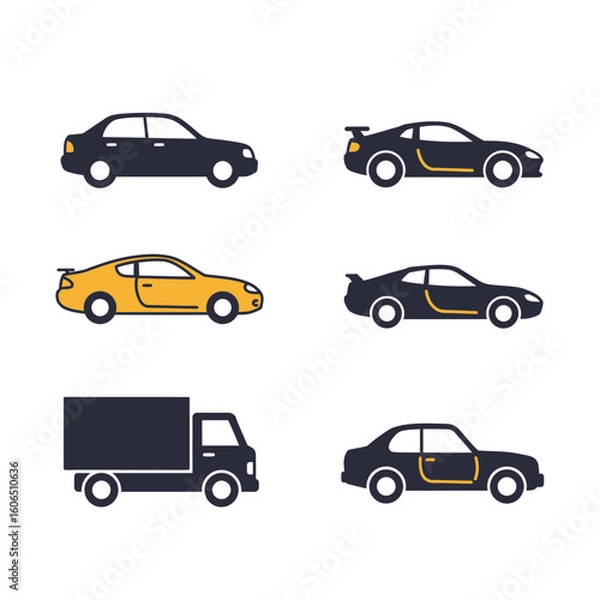 Fototapeta Collection of Car and Truck Icons in Black and Yellow on White