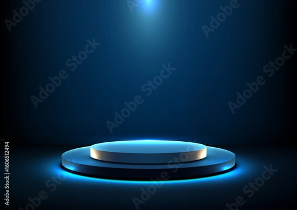 Fototapeta blue 3d technology abstract background with glowing spotlight podium for product display mockup showroom showcase template digital stage modern platform presentation concept