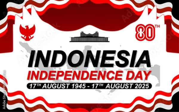 Fototapeta An elegant template design to commemorate Indonesia Independence Day, Indonesia's 80th Anniversary 2025. with batik motifs and the silhouette of the Nusantara IKN Building.