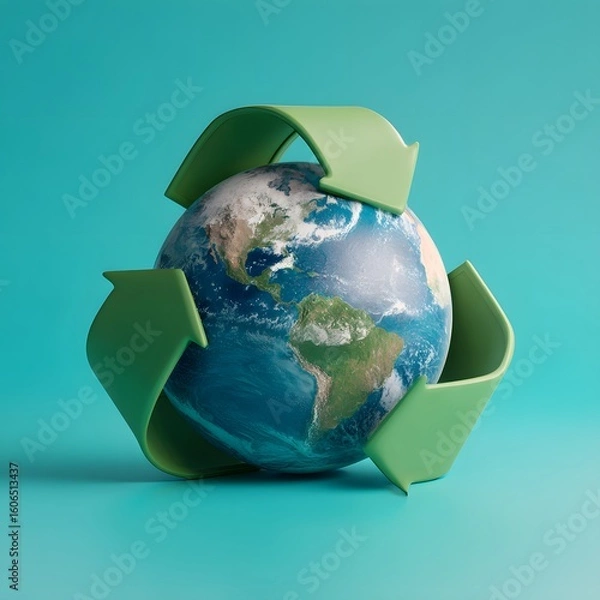 Fototapeta Earth day recycling concept green arrows around globe save the planet