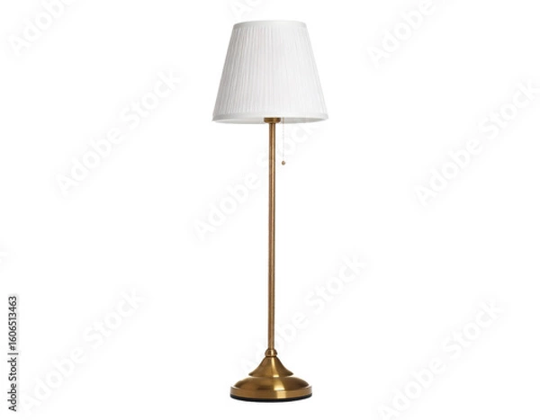 Fototapeta A modern black floor lamp with a white shade, isolated on a white background, for home lighting and decor.