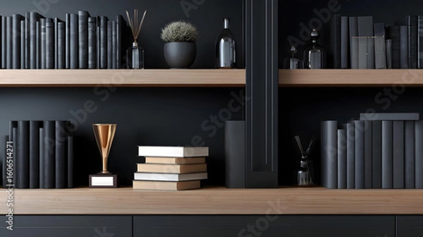 Fototapeta shelf with business books and awards, luxury office vibe
