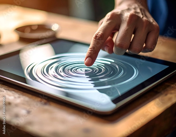 Obraz Hand Creating Ripple Effect on Touchscreen Tablet in Natural Light