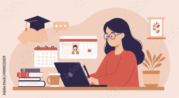 Fototapeta A young woman working on a laptop, surrounded by educational and organizational tools, suggesting online learning or remote work.