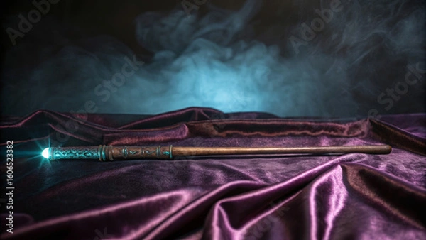 Fototapeta Halloween mockup scene with spooky decorations. A mystical wand resting on a shimmering fabric amidst a smoky background.