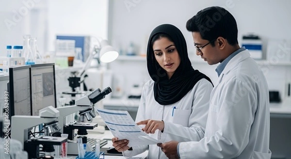 Fototapeta Collaborative Research in a Modern Lab: Scientists Examining Data