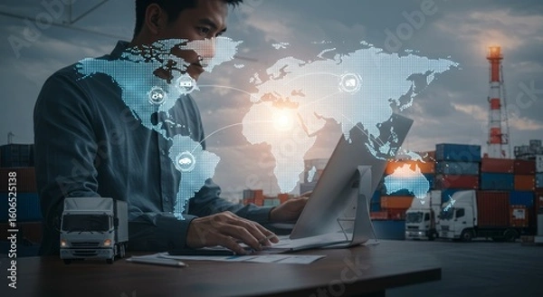 Obraz Asian man working on laptop w/ world map overlay. Shipping containers & trucks visible in background, implying global logistics