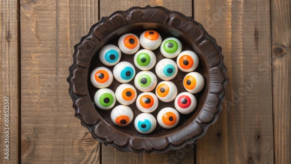 Fototapeta Halloween mockup scene with spooky decorations. Colorful candy eyeballs arranged in a decorative bowl on a wooden surface.