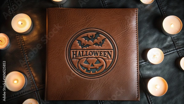 Fototapeta Halloween mockup scene with spooky decorations. Leather-bound Halloween journal surrounded by candles on a textured surface.