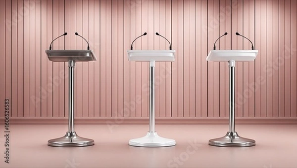 Fototapeta Three adjustable podiums with microphones in a room.