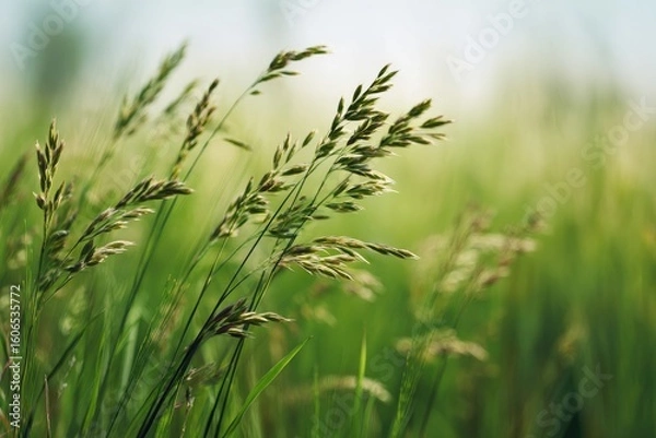 Fototapeta Close-up of swaying grasses in a sunlit field, shallow depth of field