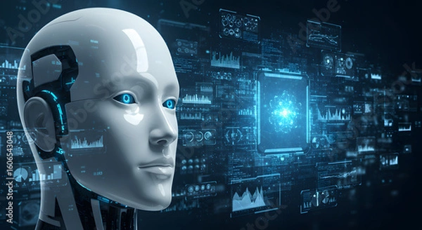 Obraz AI Humanoid Robot Head with Blue Holographic Interface and Data Visualizations