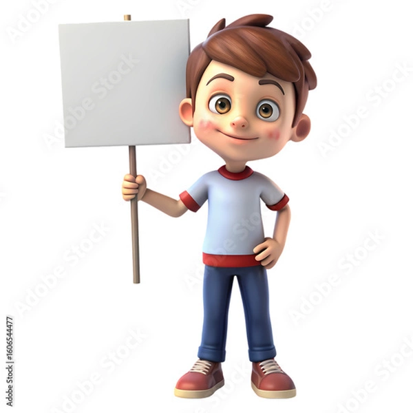 Fototapeta Smiling Cartoon Boy Holding Blank Sign Perfect for Announcements and Messages