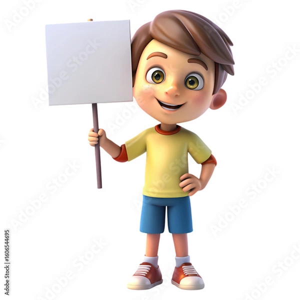 Fototapeta 3D Render of a Smiling Boy Holding a Blank Sign