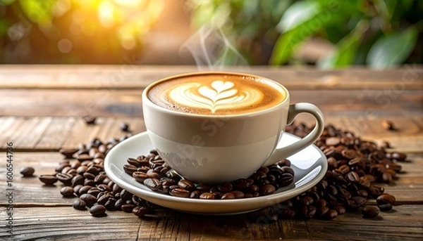 Obraz A steaming cup of latte art on a wooden table surrounded by coffee beans