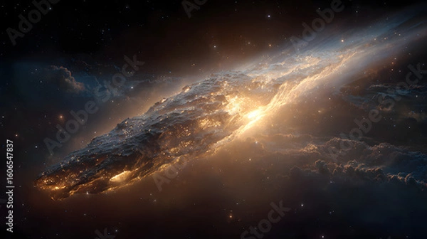 Fototapeta Interstellar Object. Golden meteor space rock glowing cosmic journey a