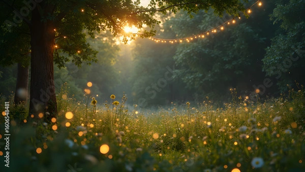 Fototapeta Enchanted meadow forest fairy lights. Magical garden scene with glowing lights. Nature getaway for relaxation. Fantasy landscape with shimmering illumination.