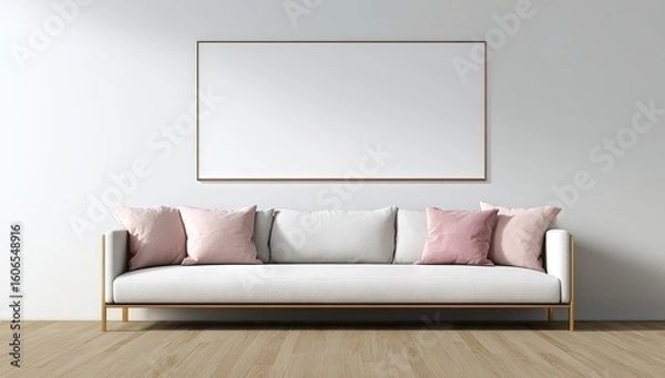Fototapeta Empty framed art piece above a white sofa with rose-colored accent pillows.