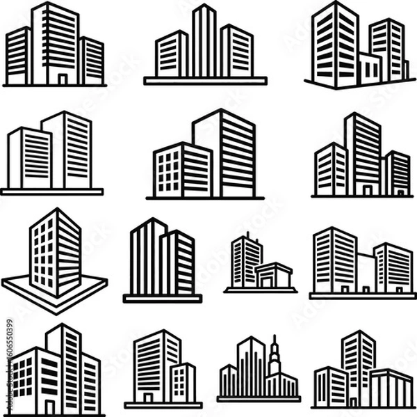 Fototapeta A collection of minimalist black and white line art icons depicting various modern city buildings, skyscrapers, and office blocks for urban design projects.