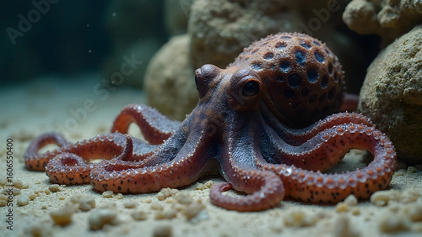 Fototapeta Octopus camouflaged on ocean floor. Realistic underwater camouflage techniques. Hiding octopus among rocks. Marine life blending with environment.