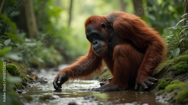 Fototapeta Orangutan in the jungle. Pondering at a babbling brook. Ultra realistic wildlife scene. Nature's tranquility captured in vibrant detail.
