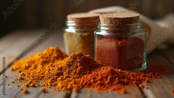 Fototapeta Fragrant spices in a jar. The art of spice blending. Aromatherapy and cooking. Unlocking flavors with fresh spices.