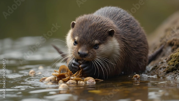 Fototapeta Otter cracking shellfish. Ultra realistic otter behavior. Riverbank wildlife activities. Fascinating otter feeding habits.