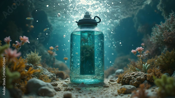 Fototapeta Oxygen tank in aquarium. Submerged oxygen tank effects. Aquarium bubbling oxygen benefits. Realistic aquarium setup ideas.