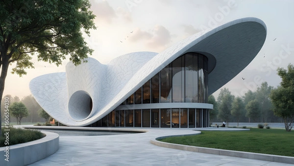 Fototapeta Modern architectural curves and lines. Ultra-realistic building design. Innovative structural elements in architecture. Contemporary aesthetics in modern buildings.