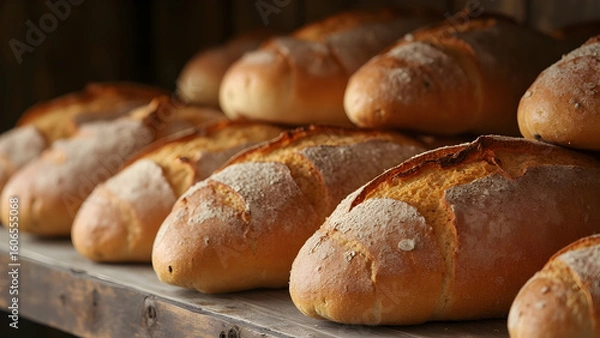 Fototapeta Artisan bread varieties on a wooden shelf. Best artisan loaves for home baking. Tips for making artisan bread. Discover the art of bread crafting.