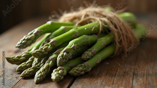 Fototapeta Asparagus bundled with twine. Rustic food photography ideas. Fresh produce in a natural setting. Creative styling for vegetables.