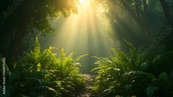 Fototapeta Backlit ferns in rainforest. Silhouette patterns of ferns. Ultra realistic rainforest photography. Nature art and backlighting effects.