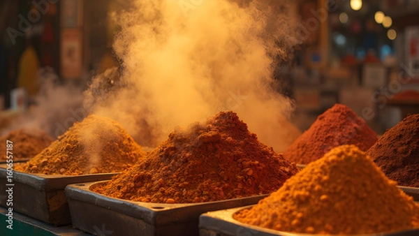 Fototapeta Bazaar spices wafting through the air. Aromatic spices in vibrant stalls. Colorful spices from global markets. Exotic flavors and fragrances of bazaar.