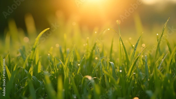Fototapeta Blades of grass with morning dew. Ultra realistic nature scene. Golden light at sunrise. Beautiful close-up of dew on grass.