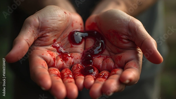 Fototapeta Blood droplets art concept. Question mark symbolism in time. Ultra realistic blood art. Meaning and interpretation of blood in art.