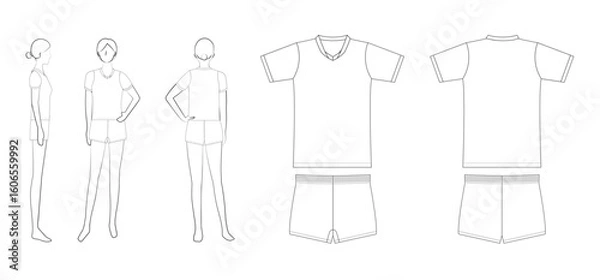 Obraz 女子バレーボールユニフォームのテンプレート（無地・Vネック・前・後・横・平面図）
Women's Volleyball Uniform Template – Plain V-Neck, Front, Back, Side & Flat Views

