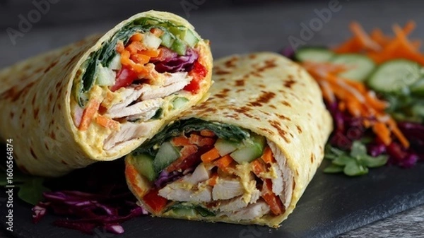 Fototapeta Diabetic-friendly wrap filled with chicken, vegetables, and hummus served on a slate platter