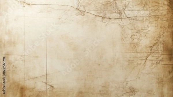 Fototapeta Old map paper background sepia tone; vintage faded surface with sketched lines and texture resembling ancient cartographic documents