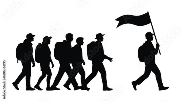 Fototapeta Silhouette of hikers with backpacks following a leader with banner