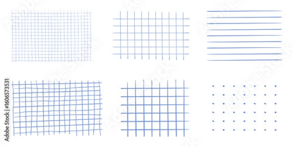 Fototapeta Graph crayon blue hand drawn textured square grid for note, geometric line texture. Crayon or pencil stripes, dots for bullet journal pages.
