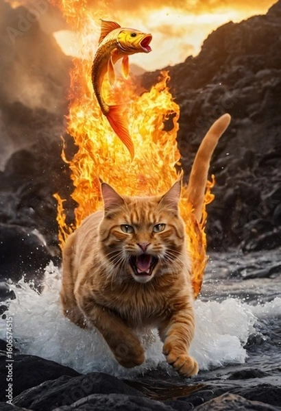 Fototapeta Fiery Cat with Fish: A surreal image of an orange cat ablaze with flames, leaping triumphantly through water towards a flaming fish. The cat's expression shows determination.  Ai generated image