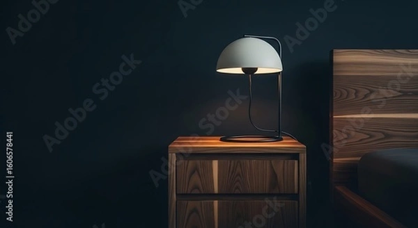 Fototapeta Wooden nightstand with a table lamp in a dark room.