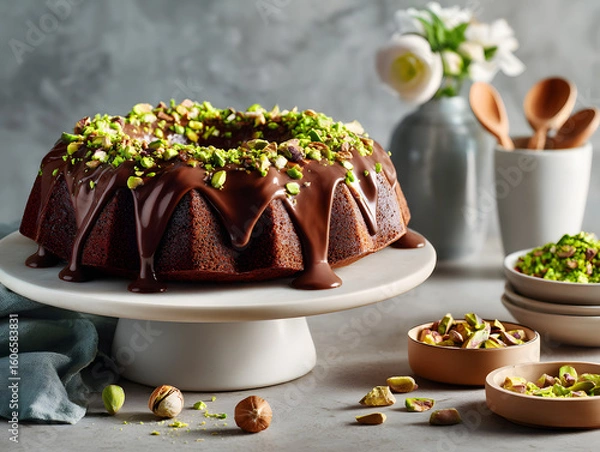 Fototapeta chocolate turtle bundt cake drizzled with chocolate ganache and pistachios