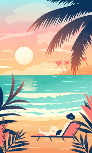 Fototapeta Minimalist tropical beach illustration with a person relaxing on a lounge chair under palm trees at sunset. Perfect for travel, summer, vacation, and relaxation-themed designs